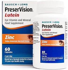 The image showcases PreserVision Lutein by Bausch + Lomb, in a blue and orange box highlighting zinc for fighting oxidative stress. It comes in a white bottle with 60 capsules, recommending two daily doses for eye health support.