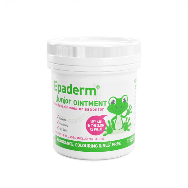 The 125g Epaderm Junior Ointment comes in a white tub featuring a green frog illustration, promoting its emollient benefits for eczema, psoriasis, and dry skin. The label notes its fragrance-free, coloring-free, and SLS-free formula, suitable for all ages, including babies.