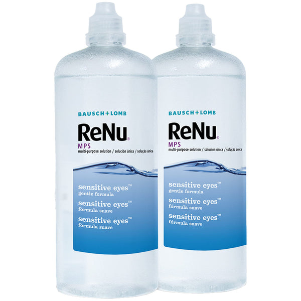 Two bottles of Renu Multi Purpose Contact Lens Solution (2x 360ml) from ReNu feature a clear bottle with a blue label, ideal for cleaning and storing contact lenses, including silicone hydrogels, designed for sensitive eyes.