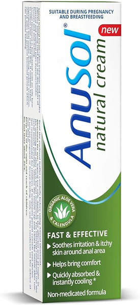 The 30g Anusol Natural Cream, ideal for haemorrhoid relief during pregnancy and breastfeeding, offers fast and effective soothing with organic aloe vera and calendula. This non-medicated formula also provides excellent anal itching relief.