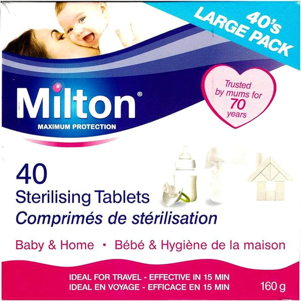 The Milton sterilising tablets (40 tabs) package prominently features icons of a baby bottle and pacifier, along with the claims kills 99.9% of germs and trusted by mums for 70 years. Text is available in English and French for these essential baby feeding accessories.