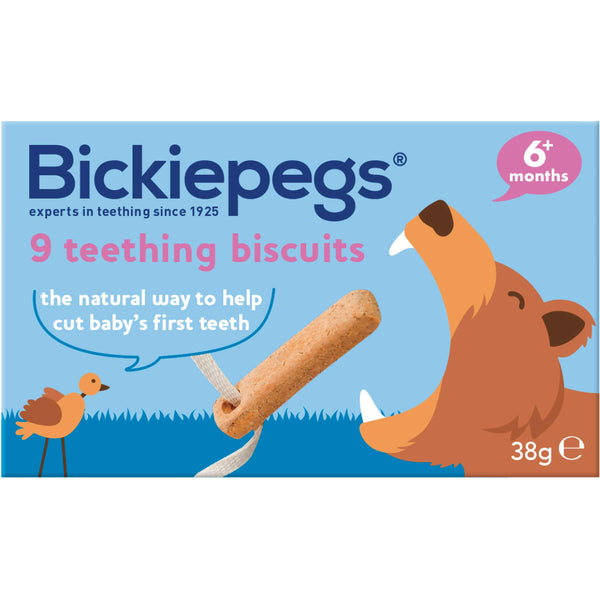 The blue box of Bickiepegs Natural Teething Biscuits, featuring a bear and bird, offers expert relief for babies since 1925. Made from natural ingredients to help with teething for babies aged 6+ months. Contains nine biscuits, total weight: 38g.