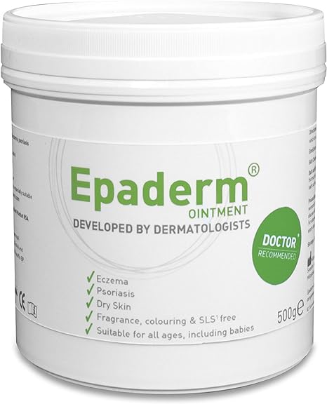 Epaderm Ointment (500g), dermatologist-developed and recommended, offers dry skin relief, ideal for eczema and psoriasis. Free from fragrance, coloring, and SLS, its suitable for all ages.