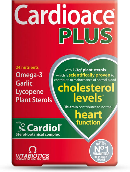 A box of Vitabiotics Cardioace Plus (60 Capsules) displays heart imagery and text promoting Omega-3, garlic, lycopene, plant sterols, and support for cholesterol and cardiovascular health.