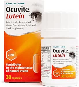 An image shows an orange and white box and a bottle of Ocuvite Lutein Zinc 30 Capsules, promoting vision maintenance and combating oxidative stress. Each capsule supports eye health with essential zinc. The branding details are consistent across the packaging.