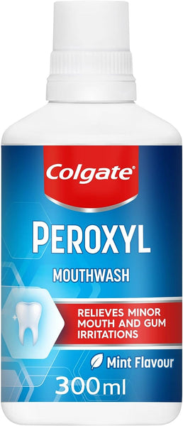 The 300ml Colgate Peroxyl Mouthwash features a mint flavor and hydrogen peroxide formula in a blue and white label with a tooth icon. It promotes oral health and offers relief for minor mouth and gum irritations.