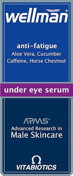 The packaging of Vitabiotics Wellman Under Eye Serum (15ml) highlights anti-fatigue benefits using Aloe Vera, Cucumber, Caffeine, and Horse Chestnut. It targets fine lines and features Advanced Research in Male Skincare.