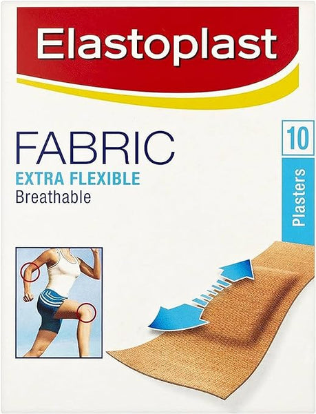 The image features an Elastoplast Fabric Plasters box, highlighting Extra Flexible Breathable bandages for wound protection with strong adhesion. It includes a bandage illustration and shows a person applying it to their knee and elbow. Contains 10 plasters.