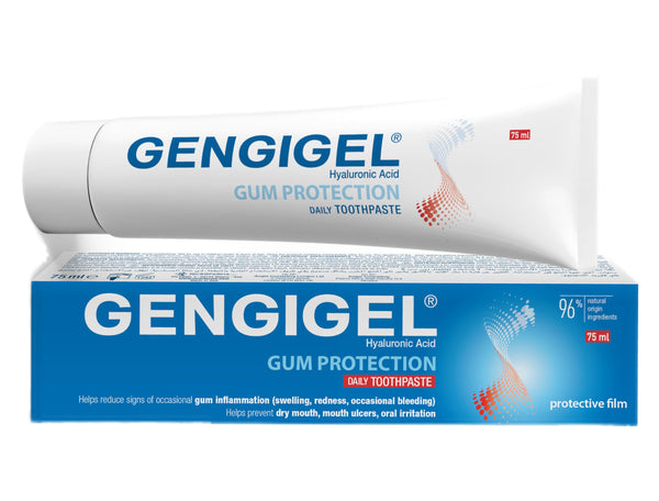 A white tube of Gengigel Gum Protection Daily Use Toothpaste (75ml) sits on its blue and white box, designed to combat gum inflammation with 96% natural ingredients, highlighting its role in promoting gum health and preventing periodontal disease.