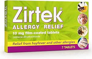 The image shows a green and yellow box of Zirtek Allergy Relief with 7 tablets. It contains cetirizine hydrochloride for hayfever and allergy relief, featuring pollen, sneezing person, and cat images.