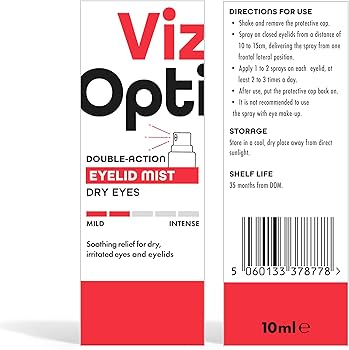 A 10ml box of VizOpti Double Action Dry Eyes Eyelid Mist features clear instructions, a barcode, and product labeling. The predominantly white packaging with red accents and text highlights effective relief for dry eyes and promotes healthy eyelids.