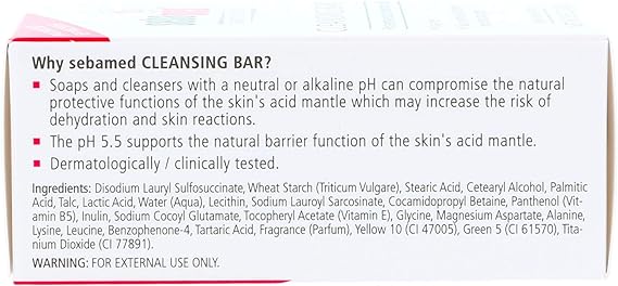 The image displays the Sebamed Cleansing Bar (150g) package, highlighting its soap-free formula that preserves sensitive skins acid mantle with a pH of 5.5. Dermatologically tested, it contains disodium lauryl sulfosuccinate and stearic acid.