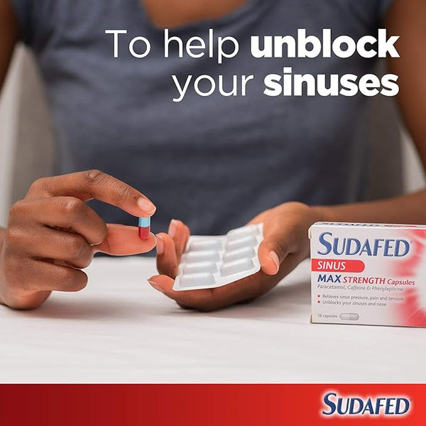 A person holds a red and blue capsule, a blister pack nearby. Beside them is a box labeled Sudafed Sinus Max Strength (16 Capsules) by Sudafed, promising sinus relief. Text above states, To help unblock your sinuses.