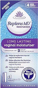 The image features Replens MD Vaginal Moisturiser (35g) packaging, highlighting benefits such as relieving vaginal dryness, restoring moisture, and ensuring comfort. Hormone-free and enriched with bio-adhesive ingredients, its clinically tested offering up to four weeks supply and includes one applicator.