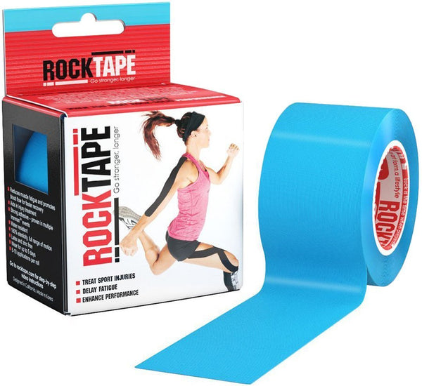 A roll of Rocktape Light Blue Kinesiology Tape (5cm x 5m) appears beside its box, showing a swimmer using it on their shoulder, thigh, and calf. The packaging highlights benefits such as ultimate hold for sports injury treatment and performance enhancement.