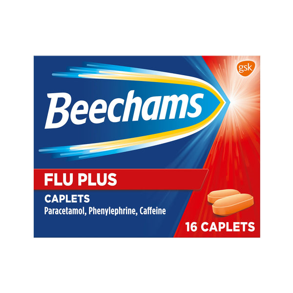 The Beechams Flu Plus Blocked Nose packaging features a bold blue and red design with white and yellow accents. These non-drowsy caplets contain paracetamol, phenylephrine, and caffeine for effective cold and flu relief, offering 16 caplets per box for symptom management.