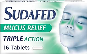 The Sudafed Mucus Relief Triple Action Cold & Flu packaging features Triple Action Formula text and an image highlighting sinus areas, containing 16 tablets.