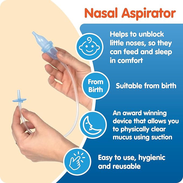 Hands skillfully hold a Snufflebabe Nasal Aspirator Case, ideal for newborns. This award-winning tool ensures hygienic mucus removal and offers comfort from congestion. Easy to use, reusable, with a blue and white backdrop.