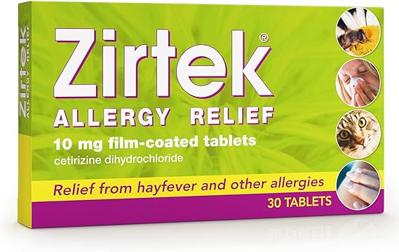 Image of a Zirtek Allergy Relief Tablets (30 Count) box with cetirizine hydrochloride, highlighting a non-drowsy formula. Packaging shows pollen, a sneezer, and a pet, ensuring relief from allergies like hay fever.