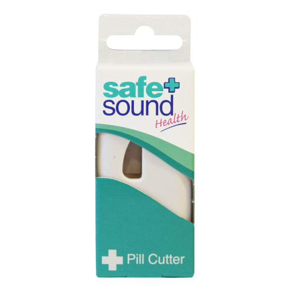A box of Safe and Sound Pill Cutter (1 Device) by Safe and Sound, showing the product name and a partial view of the white splitter inside the packaging for accurate tablet cutting.