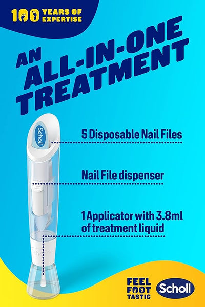 Advertisement image for Scholl Fungal Nail Treatment (3.8ml) showcasing a tool with 5 disposable nail files, a dispenser, and an applicator. The ad highlights 100 Years of Expertise and includes the FEEL FOOT TASTIC logo.