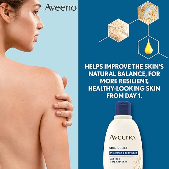 A woman with bare shoulders touches her arm. To the right, text reads, Improves skins natural balance for resilient, healthy-looking skin from day 1. Below is a bottle of Aveeno Daily Moisturising Body Wash (500ml), featuring colloidal oatmeal, ideal for sensitive skin.