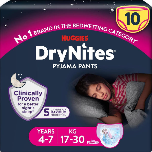 A 10-pack of Huggies Drynites Pyjama Pants 4-7 Girls is specially designed as night-time nappies for children aged 4-7 years (17-30 kg). The packaging, branded by Huggies, features a sleeping girl with Disney Frozen imagery and highlights clinically proven 5-layer bedwetting protection for better sleep.