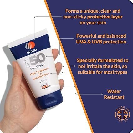 A hand holds a tube of UltraDexs Uvistat Sun Cream SPF50 (125ml) against a blue background. The text highlights its unique protective barrier, UVA & UVB protection, and water resistance, ideal for sensitive skin. A Made in the UK badge is prominently featured.