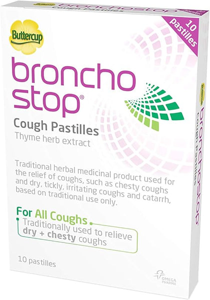 Image of the Buttercup Broncho Stop Cough Pastilles (10 Pack) by Buttercup. These pastilles, containing thyme herb extract, provide relief for dry and chesty coughs and are recognized as a traditional herbal medicinal product.