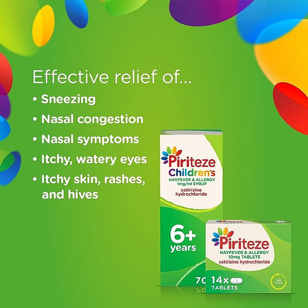 Image of Piriteze Hayfever & Allergy Relief packaging by Piri, containing 30 tablets, effective for hay fever symptoms like sneezing, congestion, itchy eyes and skin, rashes, and hives. The design features a vibrant green background promoting optimal allergy care.