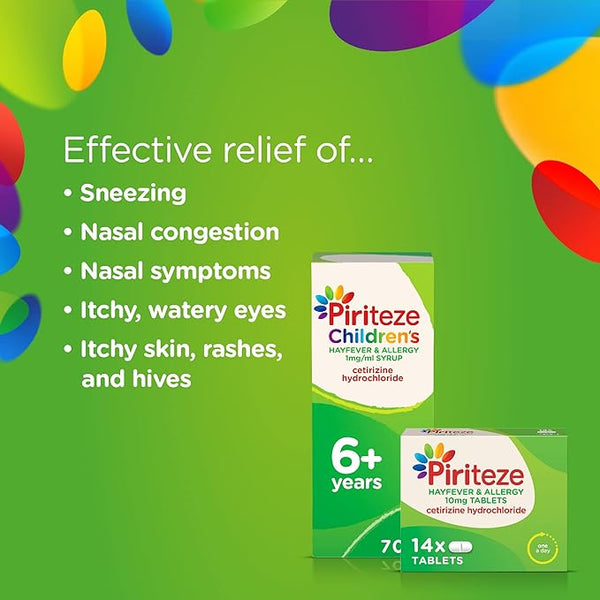 Image of Piris Piriteze Hayfever and Allergy Syrup - Banana Flavour (70ml) on a green background. Text highlights benefits: effective relief from sneezing, nasal congestion, itchy eyes, watery eyes, and hives. Suitable for children 6+. Reliable allergy solution for kids.