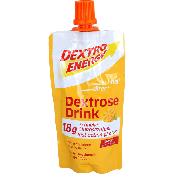 The 50ml Dextro Energy Drink Orange pouch, ideal for diabetics, has a screw cap and contains 18g of fast-acting glucose with vitamins B1, B2, and B6. The yellow-orange label features an orange flavor and includes German product benefits.