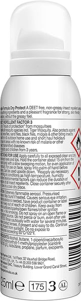 The Jungle Formula Dry Protect Aerosol (125 ml) offers mosquito protection with its DEET-free, non-greasy formula. Its label includes usage instructions, cautions, and hazard symbols for safety awareness.