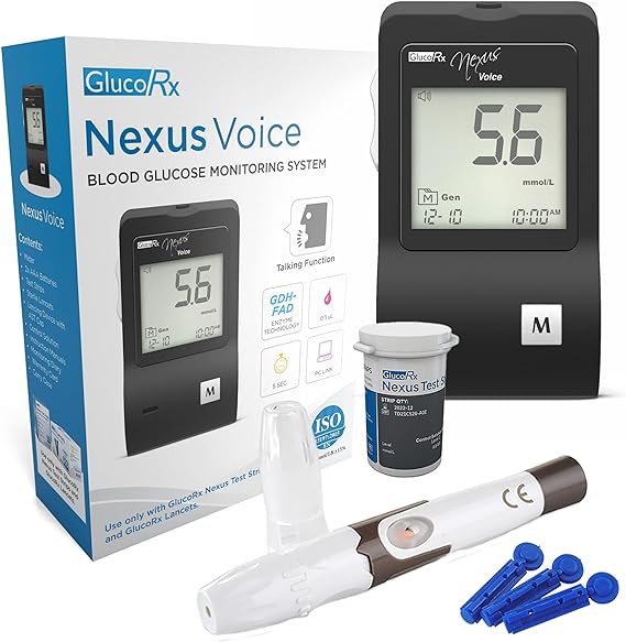 The image shows a GlucoRx Nexus Monitoring System known for accuracy, including a glucose meter reading 5.6 mmol/L, a box, test strips container, lancet device, and several blue lancets.