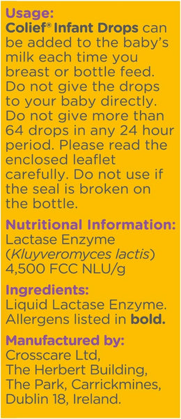 The image shows a label for Colief Infant Drops (7ml) by Colief, showcasing lactase enzyme to alleviate digestive discomfort. Instructions suggest adding drops to babys milk. Nutritional info and ingredients are provided, with Crosscare Ltd., Dublin, Ireland as the manufacturer.