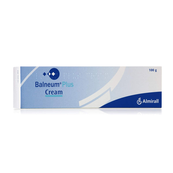 The image shows a 100g tube of Balneum Plus Cream, a product by Balneum for eczema relief. The packaging features light blue with a white section on the left and prominently displays the brand logo, emphasizing its effectiveness in soothing itching and dry skin.