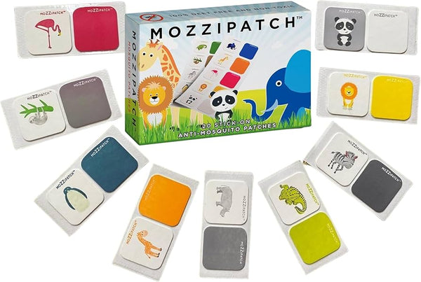 Mozzipatch Anti-Mosquito Stick on Patches for Kids (20 patches) by Mozzipatch feature colorful animal designs—lion, panda, elephant, giraffe, crocodile—for fun and soothing bite relief for children and families.