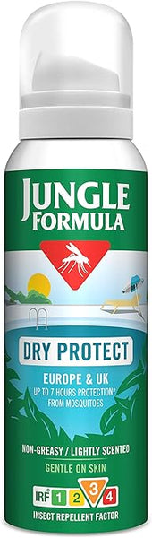 The Jungle Formula Dry Protect Aerosol (125ml), a DEET-free green and white spray, provides up to 7 hours of mosquito protection. Its non-greasy, lightly scented, gentle on skin, suitable for Europe and UK, with an Insect Repellent Factor of 3.