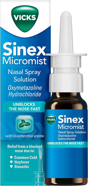 Image of Vicks Sinex Micromist Spray (15ml) package, highlighting congestion relief with Oxymetazoline Hydrochloride. The box and bottle promise fast nose unblocking for cold, hay fever, and sinusitis with a refreshing levomenthol scent.