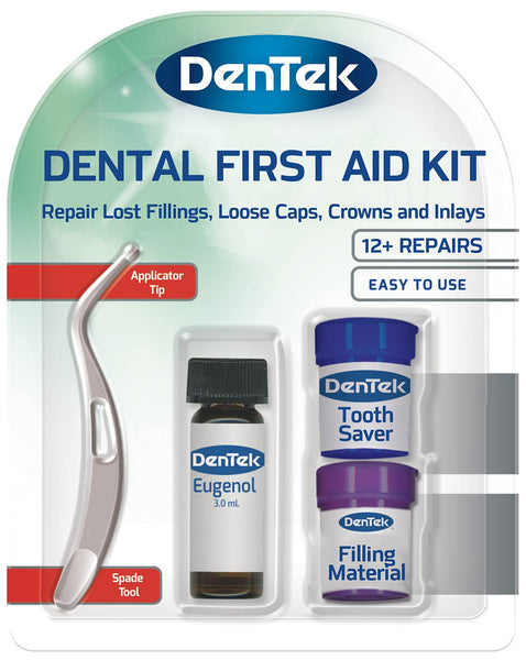 The Dentek First Aid Kit for Toothache by Dentek showcases tools like an applicator tip, spade tool, eugenol, tooth saver, and filling material. It offers solutions for lost fillings and loose caps with over 12 temporary filling repairs included.