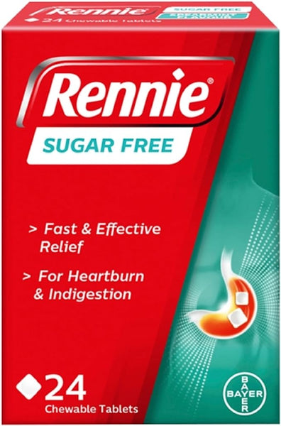 The red and green Rennie Sugar-Free box contains 24 tablets for Fast & Effective Relief from heartburn and indigestion, with a prominent Bayer logo.