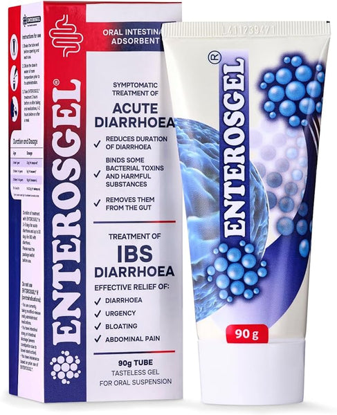 Enterosgel Tube (90g) is an intestinal adsorbent for chronic IBS and acute diarrhea, reducing toxins, binding bacteria, and alleviating bloating and abdominal pain.