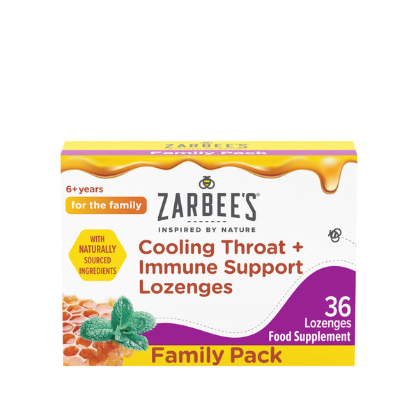 Zarbees Cooling Throat and Immune Support Lozenges (36 pack) comes in a yellow and purple box with honey and mint leaf illustrations, promoting soothing lozenges. Its designed for ages 6+ with naturally sourced ingredients, packed with Vitamin C, and labeled for the family.