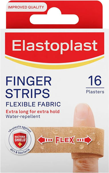 The Elastoplast Fabric Finger Strip Plasters (16) feature flexible fabric for comfort and extra length for a secure hold. They are water-repellent and provide advanced wound protection with a Bacteria Shield badge.