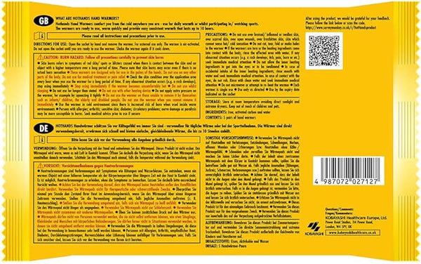 The back packaging of Hot Hands (Pack of 2) is ideal for outdoor activities in cold weather. It features product info in English and German, along with usage directions, precautions, manufacturer details, a barcode, and a QR code on a yellow background.