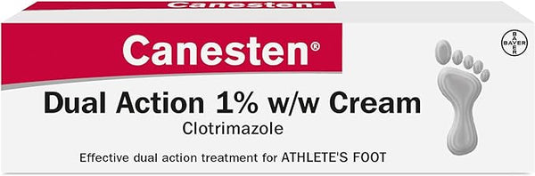 Image of a Canesten Dual Action Cream (30g) box labeled with its active ingredient, Clotrimazole, known for effectively treating athletes foot. The packaging showcases a footprint image on the right side.