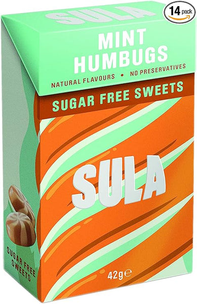 Sula Sugar Free Sweets - Mint Humbugs (42g) offer a refreshing, preservative-free mint flavor using natural ingredients. The 14-pack features a candy illustration with green and orange packaging design.