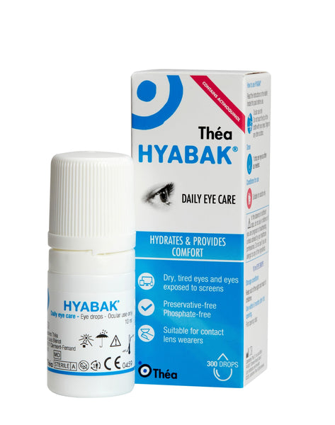 A small white bottle of Hyabak Eye Drops (10 ml) rests beside its blue and white box, highlighting its benefits for dry eyes relief and contact lens lubrication with sodium hyaluronate for optimal comfort.