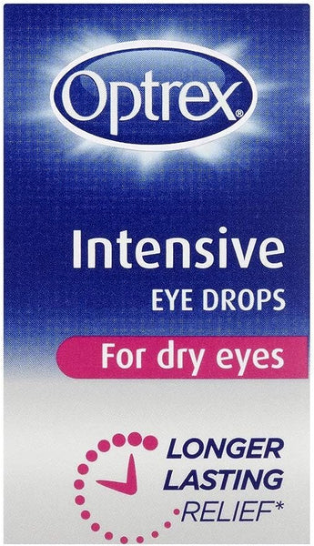 The Optrex Intensive Eye Drops (10ml) packaging, ideal for dry eye syndrome relief, is eye-catching in blue and white with pink accents. It boldly features Longer Lasting Relief next to a unique pink circular design with a check mark.