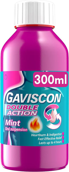 Gaviscon Heartburn & Indigestion Liquid (300ml) is a fast-acting remedy for heartburn and indigestion. The pink bottle with a white cap displays bold claims like lasts up to 4 hours and features flame and arrow symbols, emphasizing its Double Action formula.